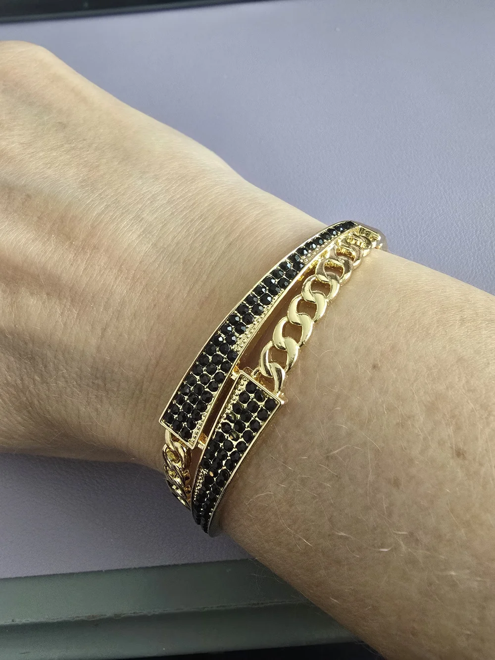 Gold-Tone Bracelet with Black Crystal Pavé Accent, Like New